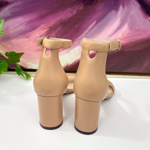 Stuart Weitzman 75 LessNudist Leather Ankle Strap Block Heel Sandals in Beige‎ 6 - Picture 3 of 13